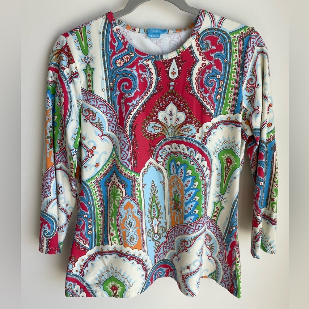 J MCLAUGHLIN for Dillards Red Blue Green Paisley 3/4 Sleeve Top Size L